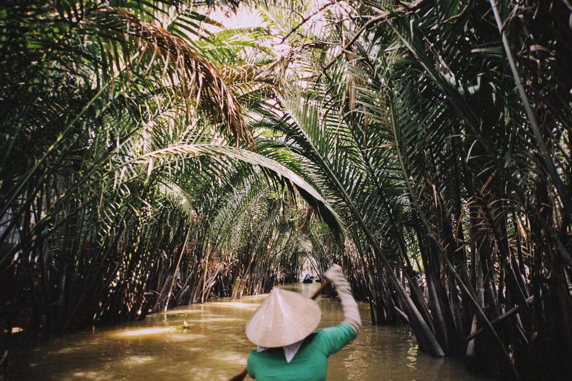 A boatwoman in a nón lá paddling a hand-rowed sampan through a coconut-palm canal in the Mekong Delta